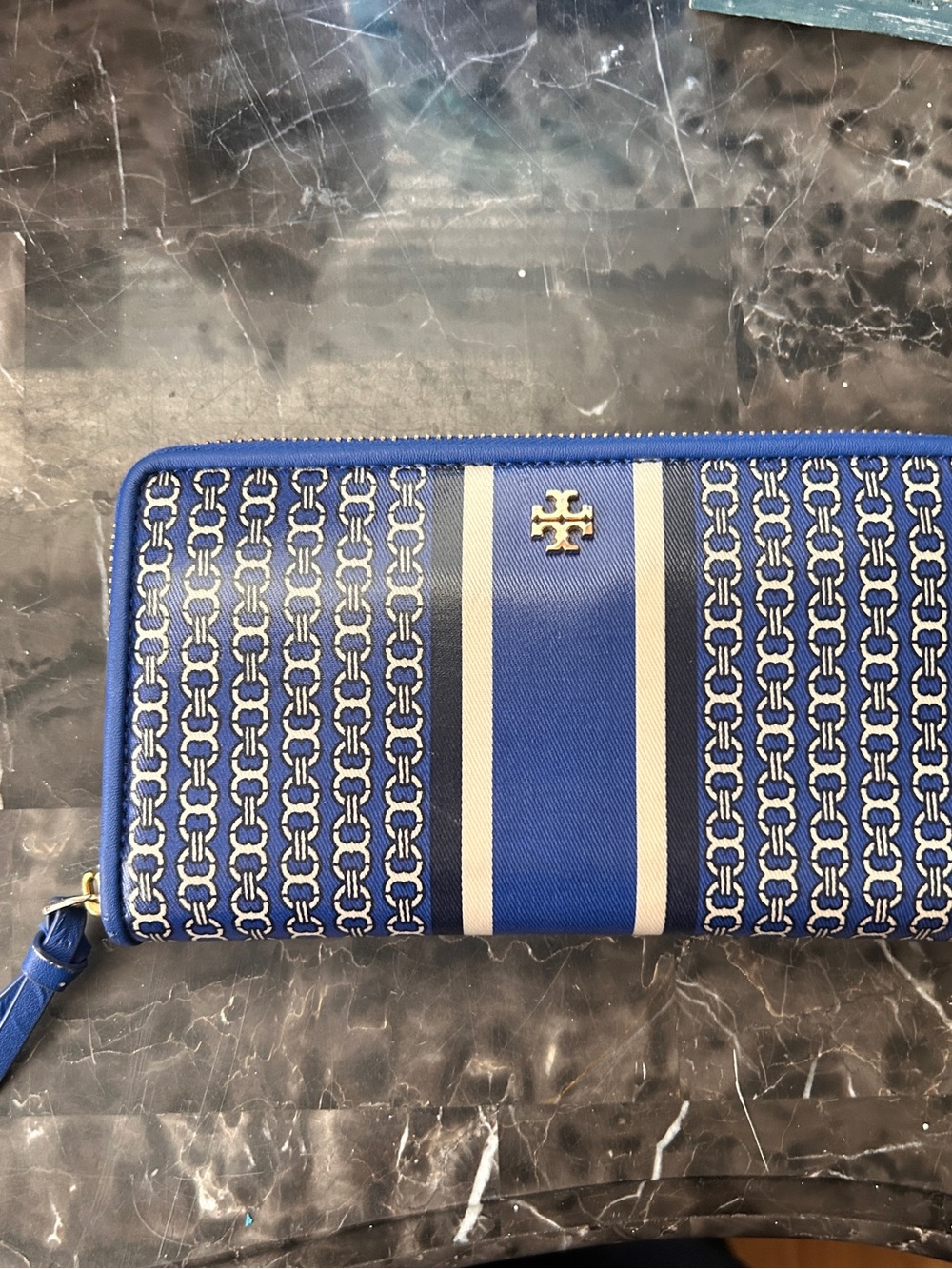 Tory Burch Royal Blue Zip-Around Wallet with Gold Hardware